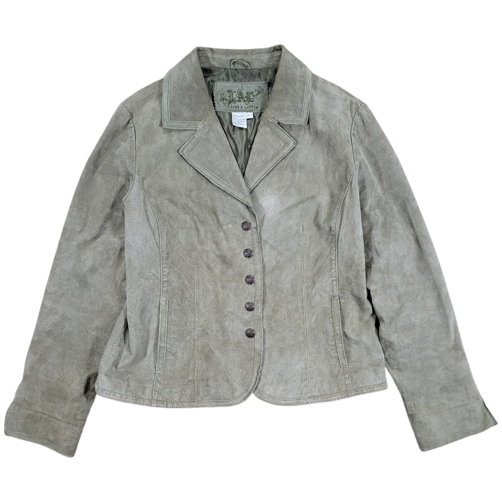 Live A Little Leather Jacket Women L Green Suede Button Up Western Boho Fall Vtg